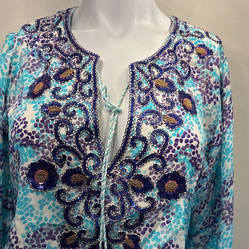 TAJ by Sabrina Crippa Blue and Purple Embroidered Blouse SMALL NWT